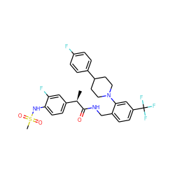 C[C@@H](C(=O)NCc1ccc(C(F)(F)F)cc1N1CCC(c2ccc(F)cc2)CC1)c1ccc(NS(C)(=O)=O)c(F)c1 ZINC000145685742