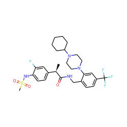 C[C@@H](C(=O)NCc1ccc(C(F)(F)F)cc1N1CCN(C2CCCCC2)CC1)c1ccc(NS(C)(=O)=O)c(F)c1 ZINC000145249806