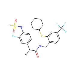 C[C@@H](C(=O)NCc1ccc(C(F)(F)F)cc1SC1CCCCC1)c1ccc(NS(C)(=O)=O)c(F)c1 ZINC000473154635