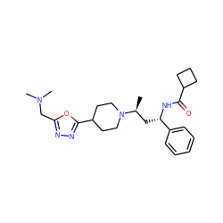 C[C@@H](C[C@H](NC(=O)C1CCC1)c1ccccc1)N1CCC(c2nnc(CN(C)C)o2)CC1 ZINC000040863052