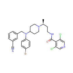 C[C@@H](CCNC(=O)c1c(Cl)cncc1Cl)N1CCC(N(Cc2cccc(C#N)c2)c2ccc(Br)cc2)CC1 ZINC000082157454