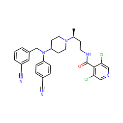 C[C@@H](CCNC(=O)c1c(Cl)cncc1Cl)N1CCC(N(Cc2cccc(C#N)c2)c2ccc(C#N)cc2)CC1 ZINC000082153694