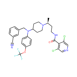 C[C@@H](CCNC(=O)c1c(Cl)cncc1Cl)N1CCC(N(Cc2cccc(C#N)c2)c2ccc(OC(F)(F)F)cc2)CC1 ZINC000073197320