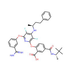 C[C@@H](CCc1ccccc1)Nc1c(F)c(Oc2cccc(C(=N)N)c2)nc(Oc2ccc(C(=O)N[C@@H](C)C(C)(C)C)cc2C(=O)O)c1F ZINC000028523757