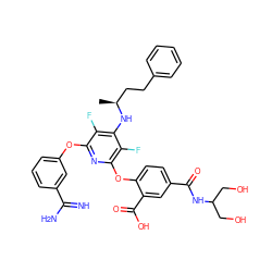 C[C@@H](CCc1ccccc1)Nc1c(F)c(Oc2cccc(C(=N)N)c2)nc(Oc2ccc(C(=O)NC(CO)CO)cc2C(=O)O)c1F ZINC000028526055