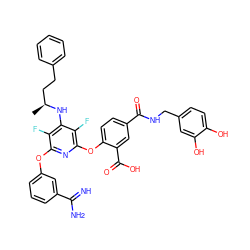 C[C@@H](CCc1ccccc1)Nc1c(F)c(Oc2cccc(C(=N)N)c2)nc(Oc2ccc(C(=O)NCc3ccc(O)c(O)c3)cc2C(=O)O)c1F ZINC000028522911