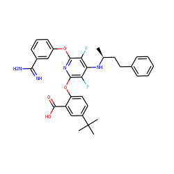 C[C@@H](CCc1ccccc1)Nc1c(F)c(Oc2cccc(C(=N)N)c2)nc(Oc2ccc(C(C)(C)C)cc2C(=O)O)c1F ZINC000028523423