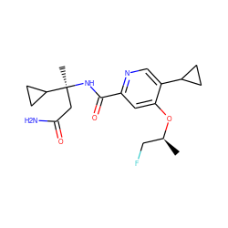 C[C@@H](CF)Oc1cc(C(=O)N[C@@](C)(CC(N)=O)C2CC2)ncc1C1CC1 ZINC000146154581