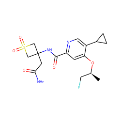 C[C@@H](CF)Oc1cc(C(=O)NC2(CC(N)=O)CS(=O)(=O)C2)ncc1C1CC1 ZINC000149255066