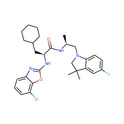 C[C@@H](CN1CC(C)(C)c2cc(F)ccc21)NC(=O)[C@H](CC1CCCCC1)Nc1nc2cccc(Cl)c2o1 ZINC000014971622