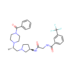 C[C@@H](CN1CC[C@@H](NC(=O)CNC(=O)c2cccc(C(F)(F)F)c2)C1)N1CCN(C(=O)c2ccccc2)CC1 ZINC000049780843