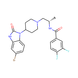 C[C@@H](CN1CCC(n2c(=O)[nH]c3cc(Br)ccc32)CC1)NC(=O)c1ccc(F)c(F)c1 ZINC000040950561