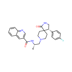 C[C@@H](CN1CCC2(CC1)C(=O)NC[C@@H]2c1ccc(F)cc1)NC(=O)c1cnc2ccccc2c1 ZINC000198375085