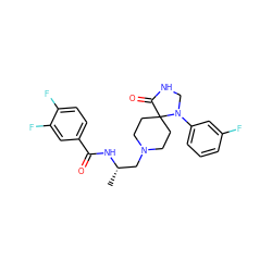 C[C@@H](CN1CCC2(CC1)C(=O)NCN2c1cccc(F)c1)NC(=O)c1ccc(F)c(F)c1 ZINC000095585503