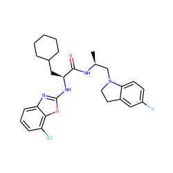 C[C@@H](CN1CCc2cc(F)ccc21)NC(=O)[C@H](CC1CCCCC1)Nc1nc2cccc(Cl)c2o1 ZINC000014971614