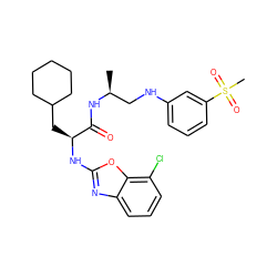 C[C@@H](CNc1cccc(S(C)(=O)=O)c1)NC(=O)[C@H](CC1CCCCC1)Nc1nc2cccc(Cl)c2o1 ZINC000014971611