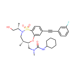 C[C@@H](CO)N1C[C@@H](C)[C@@H](CN(C)C(=O)NC2CCCCC2)Oc2cc(C#Cc3cccc(F)c3)ccc2S1(=O)=O ZINC000095733308