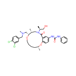 C[C@@H](CO)N1C[C@@H](C)[C@@H](CN(C)Cc2ccc(Cl)c(Cl)c2)OCCCC[C@@H](C)Oc2ccc(NC(=O)Nc3ccccc3)cc2C1=O ZINC000095599924