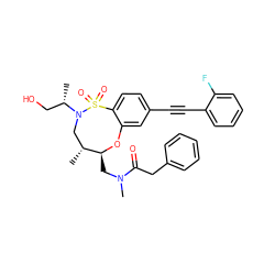 C[C@@H](CO)N1C[C@@H](C)[C@H](CN(C)C(=O)Cc2ccccc2)Oc2cc(C#Cc3ccccc3F)ccc2S1(=O)=O ZINC000095600495