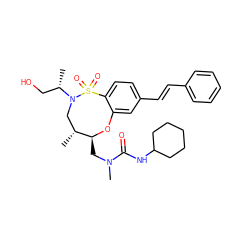 C[C@@H](CO)N1C[C@@H](C)[C@H](CN(C)C(=O)NC2CCCCC2)Oc2cc(/C=C/c3ccccc3)ccc2S1(=O)=O ZINC000095735369