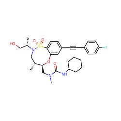 C[C@@H](CO)N1C[C@@H](C)[C@H](CN(C)C(=O)NC2CCCCC2)Oc2cc(C#Cc3ccc(F)cc3)ccc2S1(=O)=O ZINC000095599309