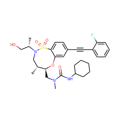 C[C@@H](CO)N1C[C@@H](C)[C@H](CN(C)C(=O)NC2CCCCC2)Oc2cc(C#Cc3ccccc3F)ccc2S1(=O)=O ZINC001772600783