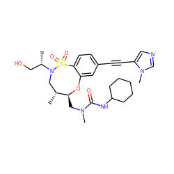 C[C@@H](CO)N1C[C@@H](C)[C@H](CN(C)C(=O)NC2CCCCC2)Oc2cc(C#Cc3cncn3C)ccc2S1(=O)=O ZINC001772592673