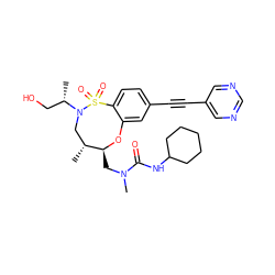 C[C@@H](CO)N1C[C@@H](C)[C@H](CN(C)C(=O)NC2CCCCC2)Oc2cc(C#Cc3cncnc3)ccc2S1(=O)=O ZINC001772639534