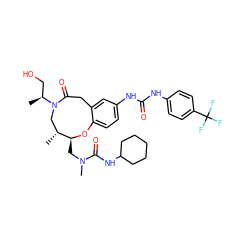 C[C@@H](CO)N1C[C@@H](C)[C@H](CN(C)C(=O)NC2CCCCC2)Oc2ccc(NC(=O)Nc3ccc(C(F)(F)F)cc3)cc2CC1=O ZINC000095599728