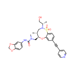 C[C@@H](CO)N1C[C@@H](C)[C@H](CN(C)C(=O)Nc2ccc3c(c2)OCO3)Oc2cc(C#Cc3ccncc3)ccc2S1(=O)=O ZINC000095602323