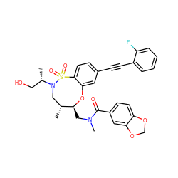 C[C@@H](CO)N1C[C@@H](C)[C@H](CN(C)C(=O)c2ccc3c(c2)OCO3)Oc2cc(C#Cc3ccccc3F)ccc2S1(=O)=O ZINC000095600258