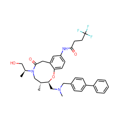 C[C@@H](CO)N1C[C@@H](C)[C@H](CN(C)Cc2ccc(-c3ccccc3)cc2)Oc2ccc(NC(=O)CCC(F)(F)F)cc2CC1=O ZINC000095605706