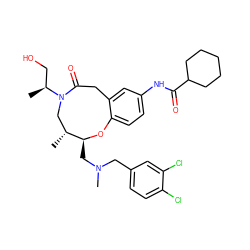 C[C@@H](CO)N1C[C@@H](C)[C@H](CN(C)Cc2ccc(Cl)c(Cl)c2)Oc2ccc(NC(=O)C3CCCCC3)cc2CC1=O ZINC000095600984