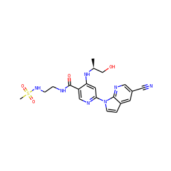 C[C@@H](CO)Nc1cc(-n2ccc3cc(C#N)cnc32)ncc1C(=O)NCCNS(C)(=O)=O ZINC001772637528