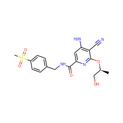 C[C@@H](CO)Oc1nc(C(=O)NCc2ccc(S(C)(=O)=O)cc2)cc(N)c1C#N ZINC000040954648