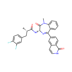 C[C@@H](Cc1ccc(F)c(F)c1)C(=O)N[C@H]1N=C(c2ccc3c(=O)[nH]ccc3c2)c2ccccc2N(C)C1=O ZINC000013587622