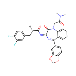C[C@@H](Cc1ccc(F)c(F)c1)C(=O)N[C@H]1N=C(c2ccc3c(c2)OCO3)c2ccccc2N(CC(=O)N(C)C)C1=O ZINC000027331335