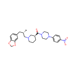 C[C@@H](Cc1ccc2c(c1)OCO2)CN1CCC[C@H](C(=O)N2CCN(c3ccc([N+](=O)[O-])cc3)CC2)C1 ZINC000049032627