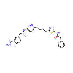 C[C@@H](N)c1cc(CC(=O)Nc2ccc(CCCCc3nnc(NC(=O)Cc4ccccc4)s3)nn2)ccc1F ZINC000169698681