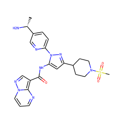 C[C@@H](N)c1ccc(-n2nc(C3CCN(S(C)(=O)=O)CC3)cc2NC(=O)c2cnn3cccnc23)nc1 ZINC000204758313