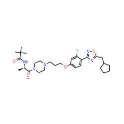 C[C@@H](NC(=O)C(C)(C)C)C(=O)N1CCN(CCCOc2ccc(-c3noc(CC4CCCC4)n3)c(F)c2)CC1 ZINC000027743006