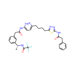 C[C@@H](NC(=O)C(F)(F)F)c1cccc(CC(=O)Nc2ccc(CCCCc3nnc(NC(=O)Cc4ccccc4)s3)nn2)c1 ZINC000169698639