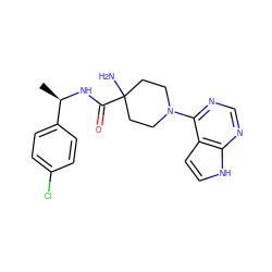 C[C@@H](NC(=O)C1(N)CCN(c2ncnc3[nH]ccc23)CC1)c1ccc(Cl)cc1 ZINC000095580716