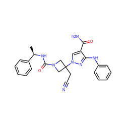 C[C@@H](NC(=O)N1CC(CC#N)(n2cc(C(N)=O)c(Nc3ccccc3)n2)C1)c1ccccc1 ZINC000219281067