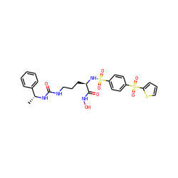 C[C@@H](NC(=O)NCCC[C@@H](NS(=O)(=O)c1ccc(S(=O)(=O)c2cccs2)cc1)C(=O)NO)c1ccccc1 ZINC000026182496