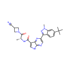 C[C@@H](NC(=O)c1c[nH]c2ncc(-c3nn(C)c4cc(C(C)(C)C)ccc34)nc12)C(=O)N1CC(C#N)C1 ZINC000096258690