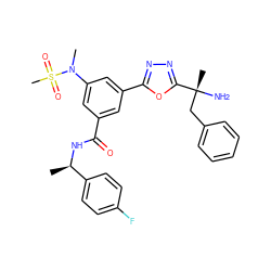 C[C@@H](NC(=O)c1cc(-c2nnc([C@](C)(N)Cc3ccccc3)o2)cc(N(C)S(C)(=O)=O)c1)c1ccc(F)cc1 ZINC000010339564