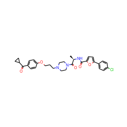 C[C@@H](NC(=O)c1ccc(-c2ccc(Cl)cc2)o1)C(=O)N1CCN(CCCOc2ccc(C(=O)C3CC3)cc2)CC1 ZINC000028975188