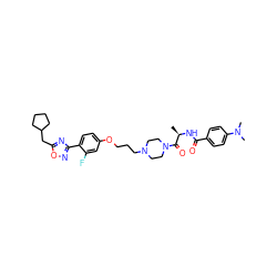 C[C@@H](NC(=O)c1ccc(N(C)C)cc1)C(=O)N1CCN(CCCOc2ccc(-c3noc(CC4CCCC4)n3)c(F)c2)CC1 ZINC000027734792