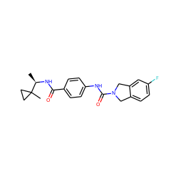 C[C@@H](NC(=O)c1ccc(NC(=O)N2Cc3ccc(F)cc3C2)cc1)C1(C)CC1 ZINC000167050878